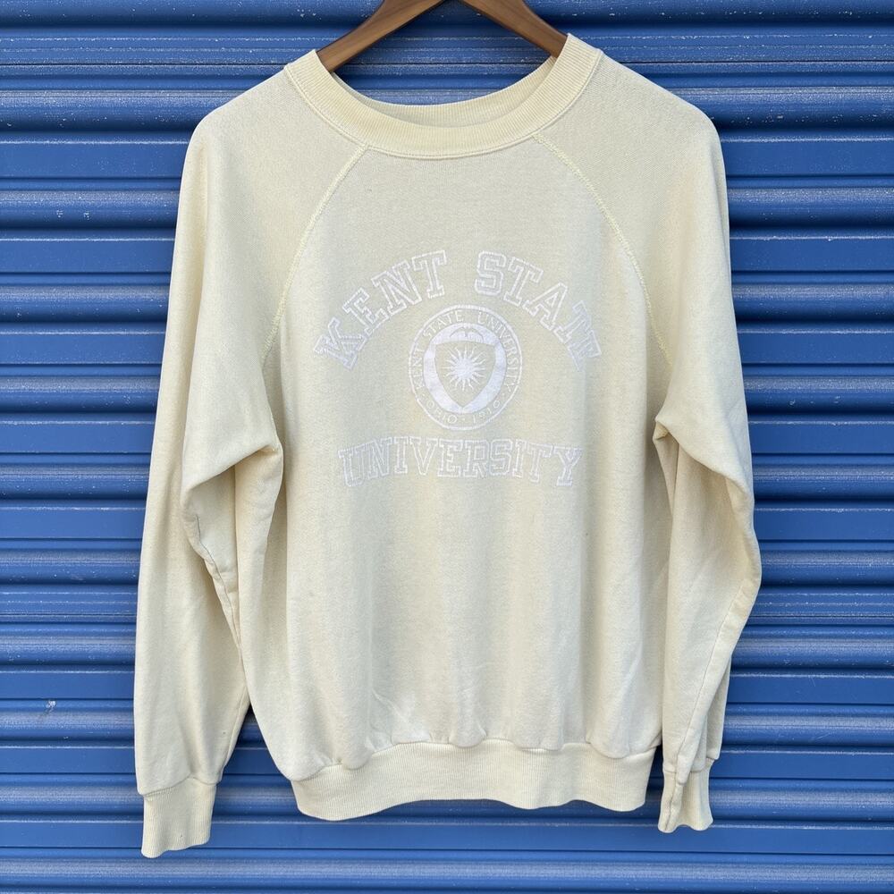 Vintage 70s 80s Kent State Raglan Sweatshirt 50/50 Butter Yellow M Flock Print